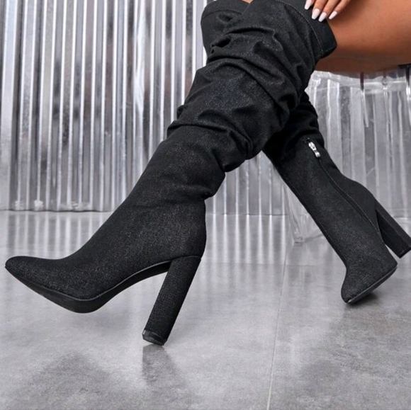 Everyday Chunky Slouchy Black Over the Knee Boots - Picture 3 of 8